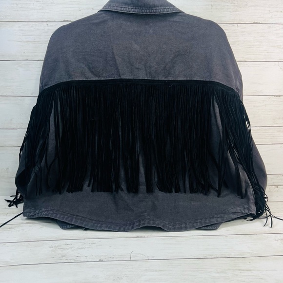 Saltwater Luxe Washed Black Jean Jacket with Fringe 100% Cotten cowgirl biker - Picture 10 of 14